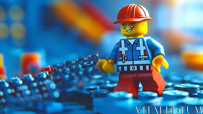 Playful construction worker minifigure in vivid bokeh cityscape.
