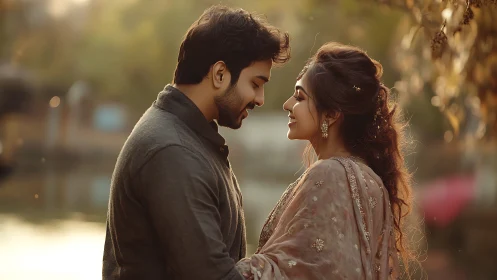 Couple in Traditional Attire Sharing a Moment Outdoors.