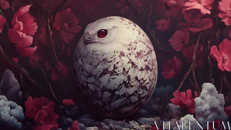 Spherical owl hybrid rests amid crimson florals in shadow