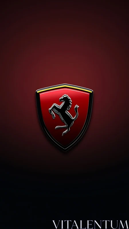 Red shield emblem with rearing horse on dark gradient field.