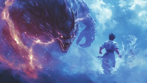 Martial artist confronts colossal demonic beast in storm