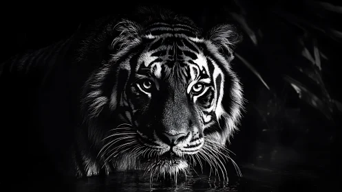 Monochrome portrait isolates a tiger in high-contrast chiaroscuro