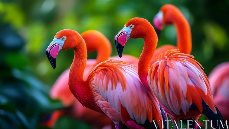 Vibrant flamingos in lush foliage, vivid wildlife photography.