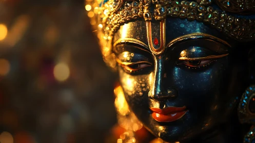 Gilded deity portrait in warm bokeh-lit devotional closeup.