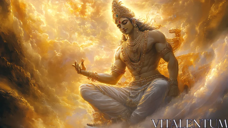Divine celestial warrior meditating in radiant golden clouds.