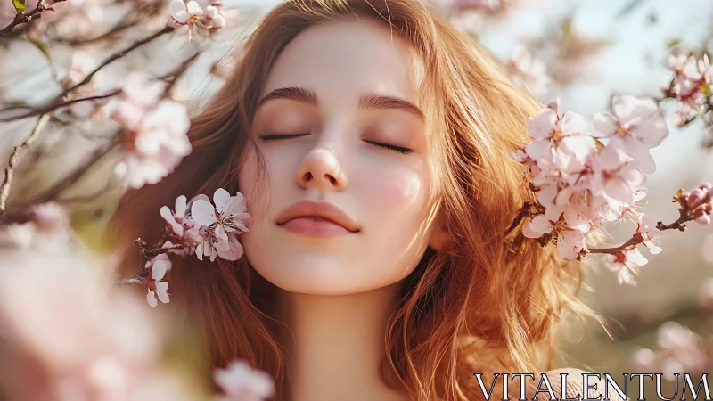 Soft-focus portrait captures serene woman amid blooming blossoms
