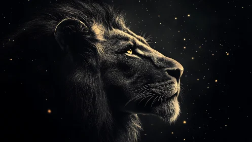 Majestic black lion profile glows against starry void sky