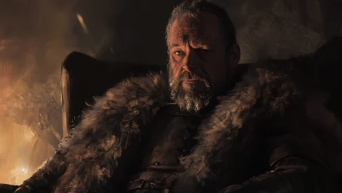 Firelit warlord measures the quiet weight of his throne