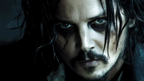 Close cropped portrait of man with dark smeared eye makeup.