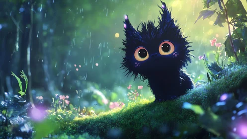 Curious fluffy creature watches gentle rain in glowing forest.