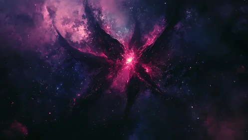 Stellar nebula core with radiating magenta filaments in deep void