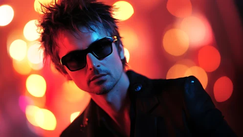 Neon bokeh swirls while the cool stranger owns the frame