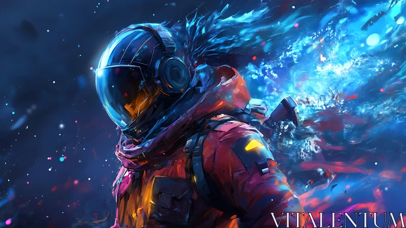 Bold cosmic explorer wrapped in glowing space colors.