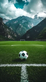 Soccer ball on mountain field rendered with dramatic depth cues
