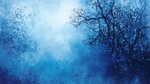 Midnight blue forest drifting into a soft winter dream.