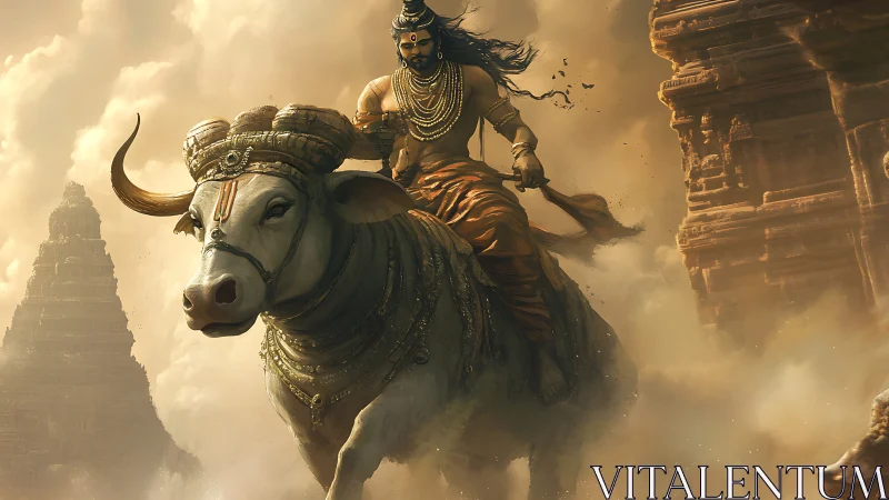Mythic warrior riding sacred bull amid drifting temple dust
