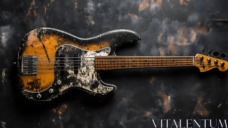 Weathered electric bass guitar on dark textured surface.