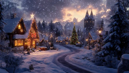Snow-laden village street with illuminated festive cottages.