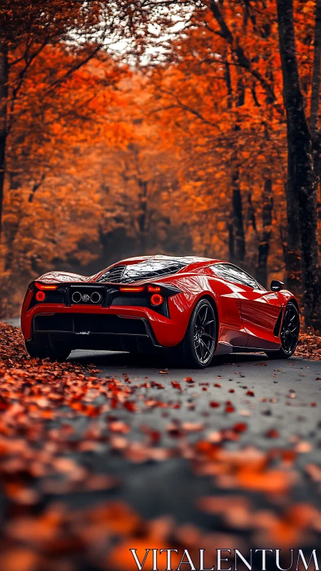 Crimson supercar pausing softly beneath glowing autumn trees.