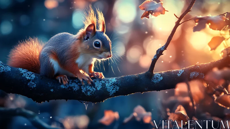 Red squirrel perches on frosted branch in backlit dusk glow