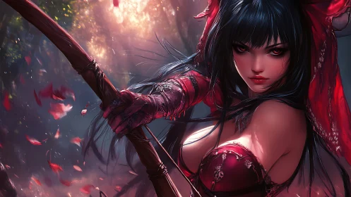 Dark forest archer heroine drawing crimson bowstring tight.