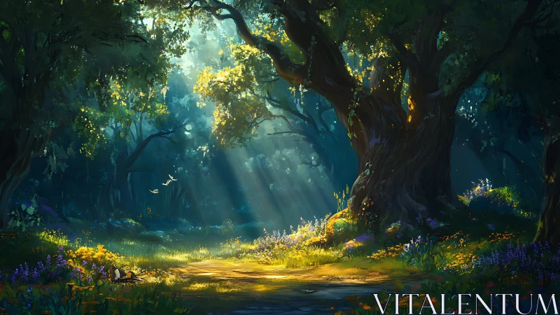 Enchanted Forest Glade Where Sunlight Dances Through Ancient Trees