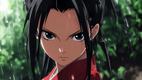 Determined anime hero holds steady under a gentle rainfall.