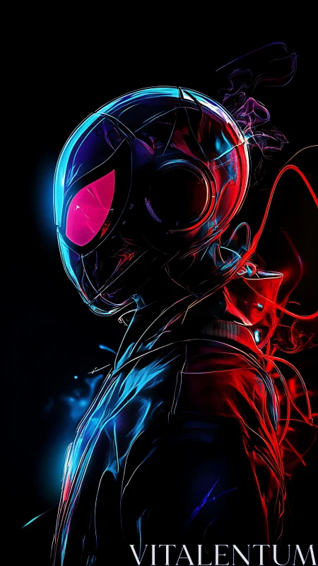 Neon-lit cybernetic rider in chromatic rim-light silhouette.