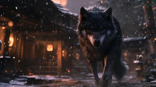 Midnight guardian wolf stalking through emberlit snowfall.