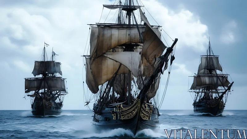 Storm-kissed tall ships racing across a restless blue sea.