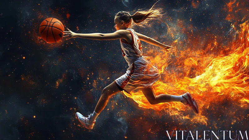 Basketball player soars through space trailing blazing fire.