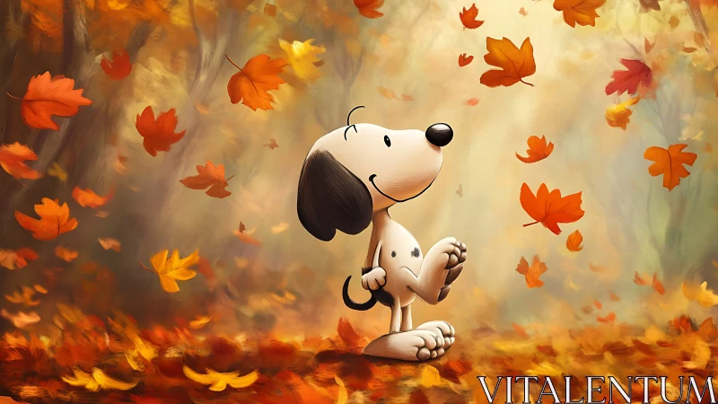 Cartoon beagle dog enjoying colorful autumn leaves outdoors.