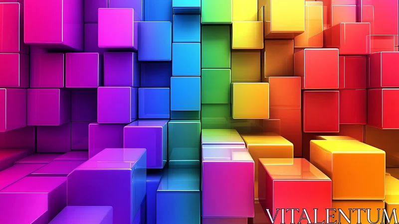 Vibrant 3D cubes form a glossy rainbow spectrum wall