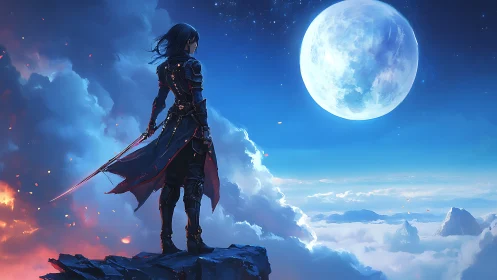 Solitary swordbearer surveys luminous moon above cloud sea