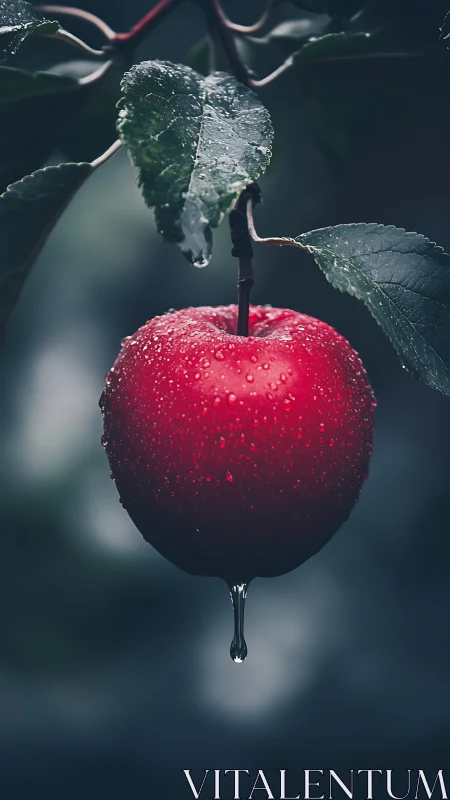 Glistening red apple after rain, quietly glowing on the tree.