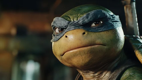 Turtle warrior close-up shows detailed skin and fabric textures