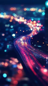 Neon night traffic streams along a glowing city overpass.