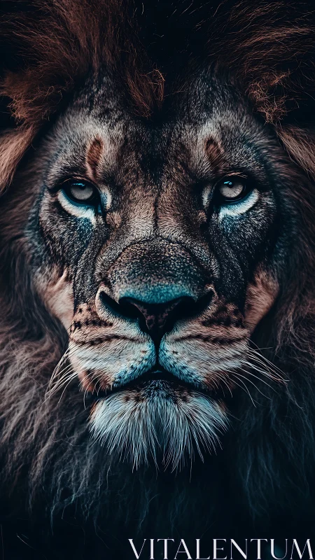 Close frontal portrait of adult male lion in low light.