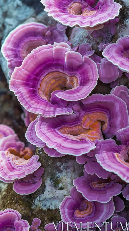 Layered pink shelf fungi spiral across a mossy tree trunk.