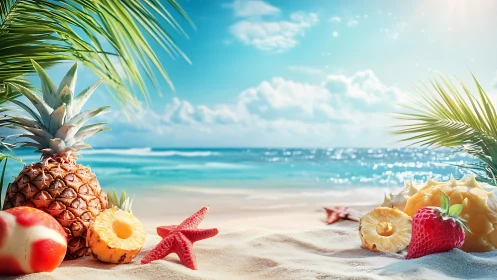 Sunlit tropical fruit picnic by a sparkling seaside shore.