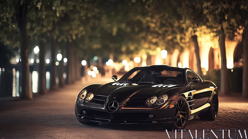 Midnight stroll with a sleek black city supercar.