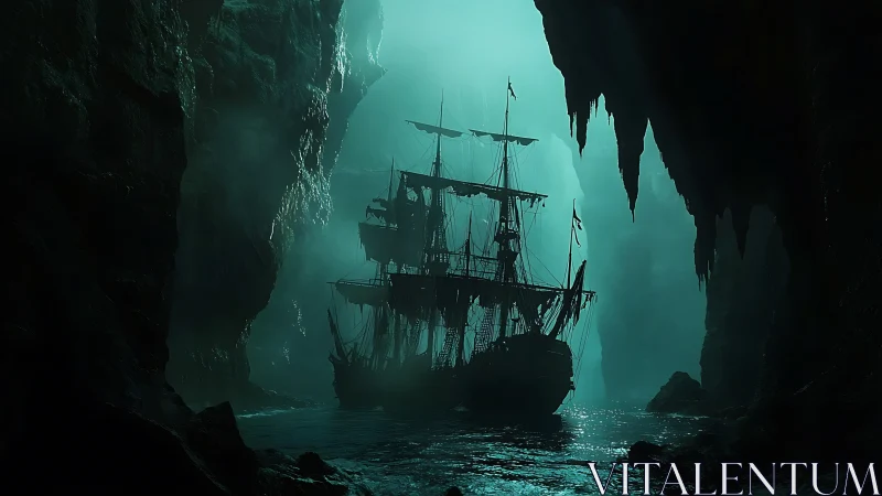 Ghost galleon in bioluminescent sea cave volumetrics.