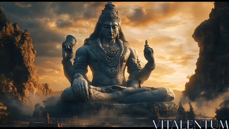 Colossal Shiva statue meditates over a mist-laced valley at dusk
