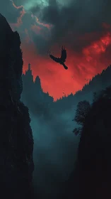 Stormlit canyon sky with soaring raven and distant spire.