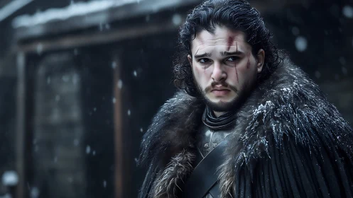 Snow-streaked warrior studies the storm with quiet defiance