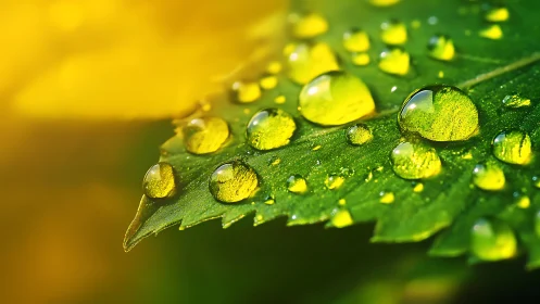 Morning jewels parade across a sunlit emerald leaf