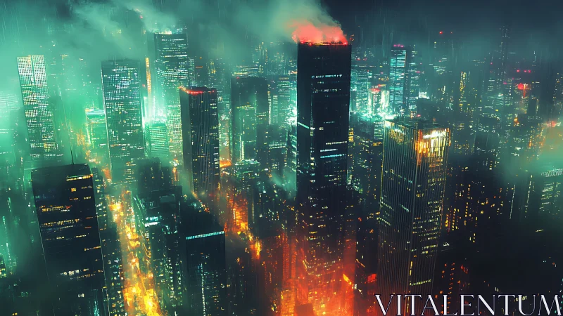 Neon lit skyscraper skyline in dense futuristic night fog.