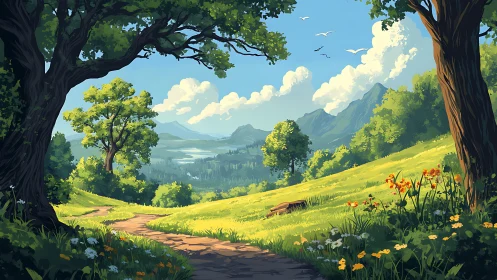 Sunlit meadow path whispering toward dreamy blue mountains.