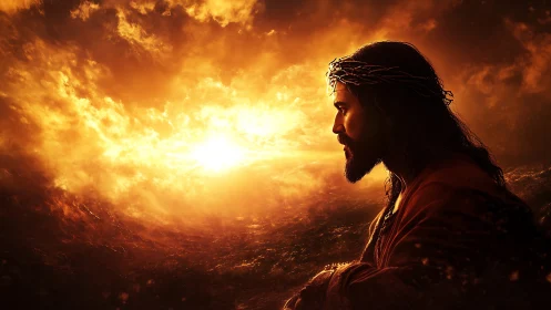 Profile of robed man with crown before intense sunset sky.