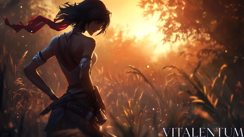 Silhouetted figure in sunlit field with warm backlighting.